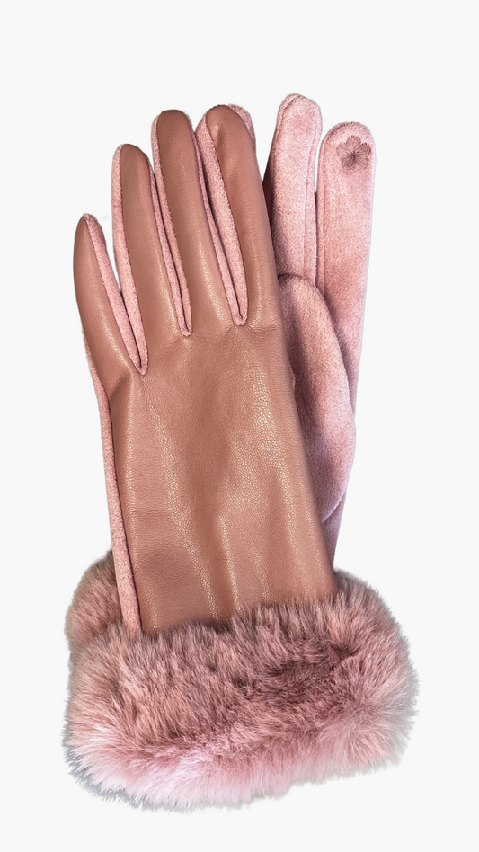 Vegan Leather Faux Fur Pink Gloves. Style ELWMILA28-PINK