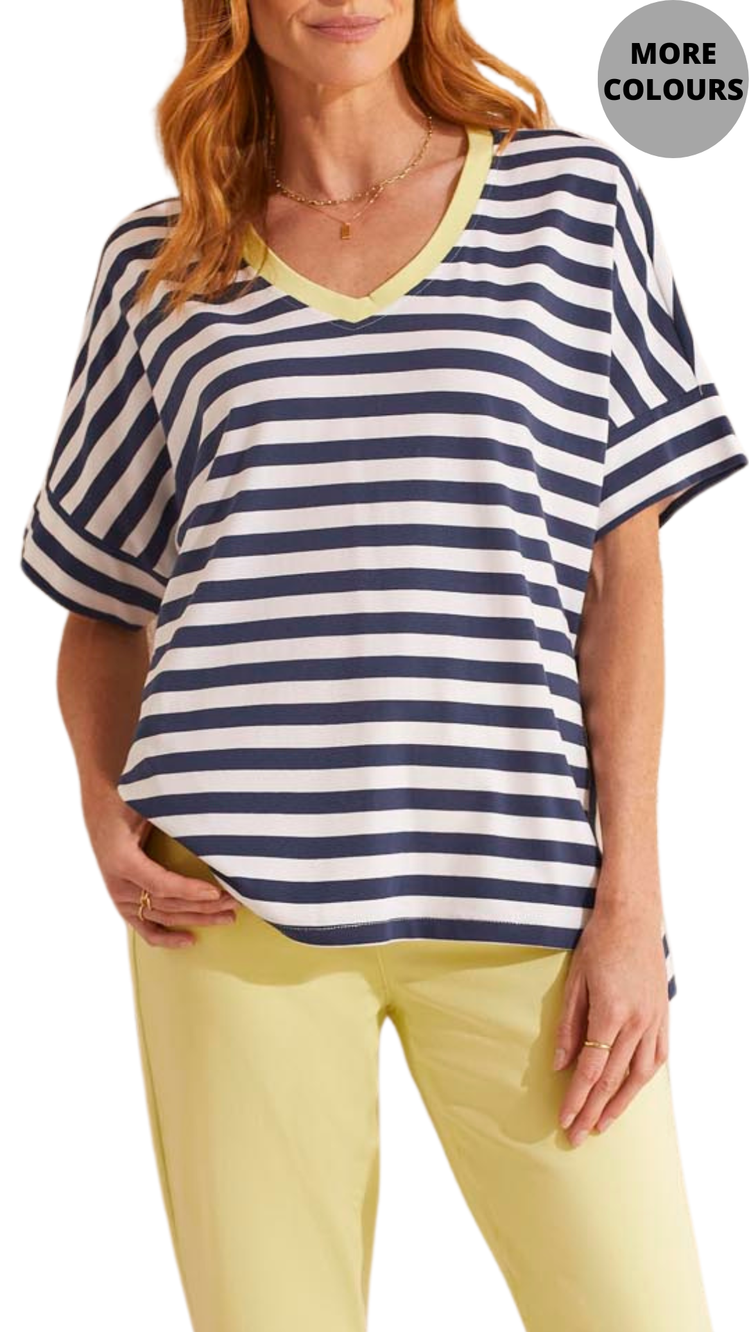 Boxy Fit Striped High Low Top. Style TR1667O-3547