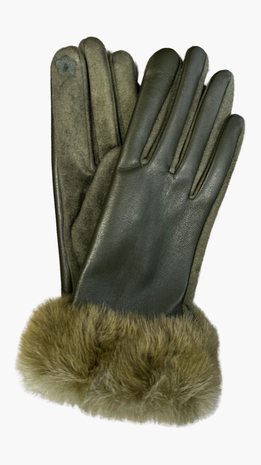 Vegan Leahter Faux Fur Green Gloves. Style ELWMIA28-GRN