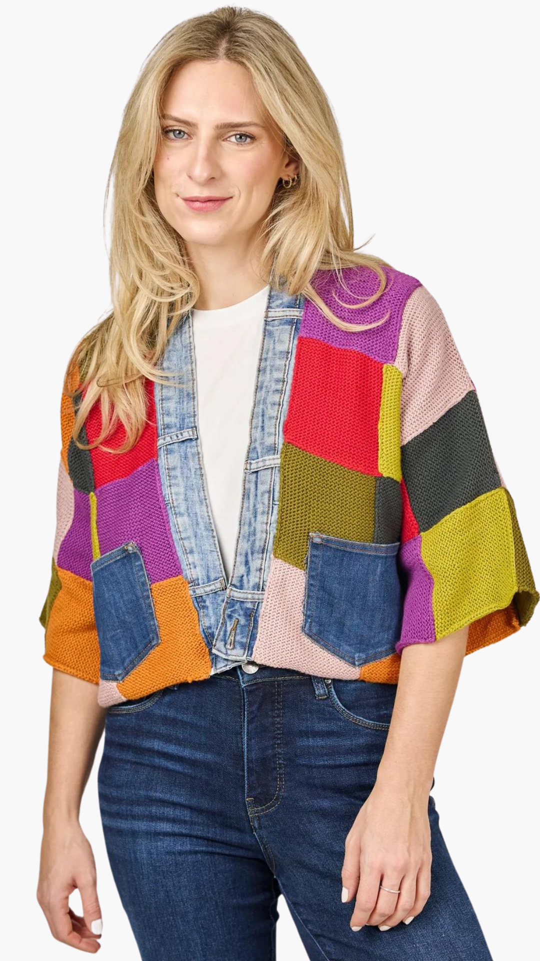 Patchwork Chunky Knit & Upcycled Denim Cardigan. Style SHNP5429