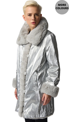 Faux Fur to Shiny Reversible Outerwear in Silver or Black. Style JR233900