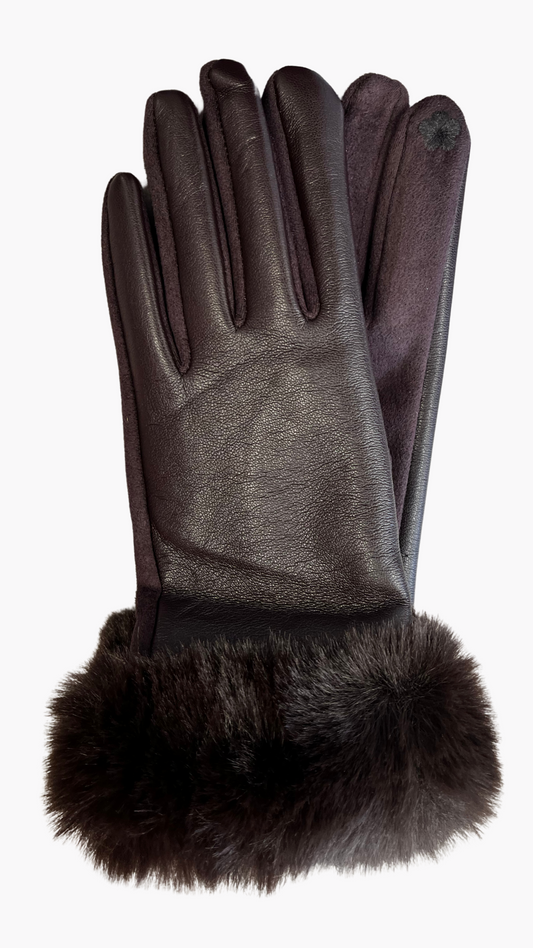 Vegan Leather Faux Fur Coffee Gloves. Style ELWMILA28-COF