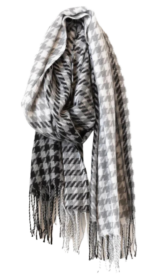Grey Houndstooth Fringe Scarf. Style CARA6163-GRY
