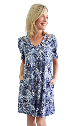 Blue Textured Print V-Neck Cutouts Short Dress. Style SW97230