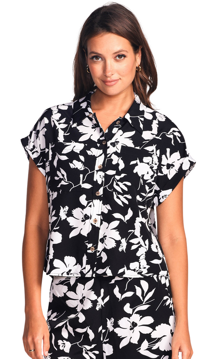 Button Front Floral Print Top. Style PM691715BLK