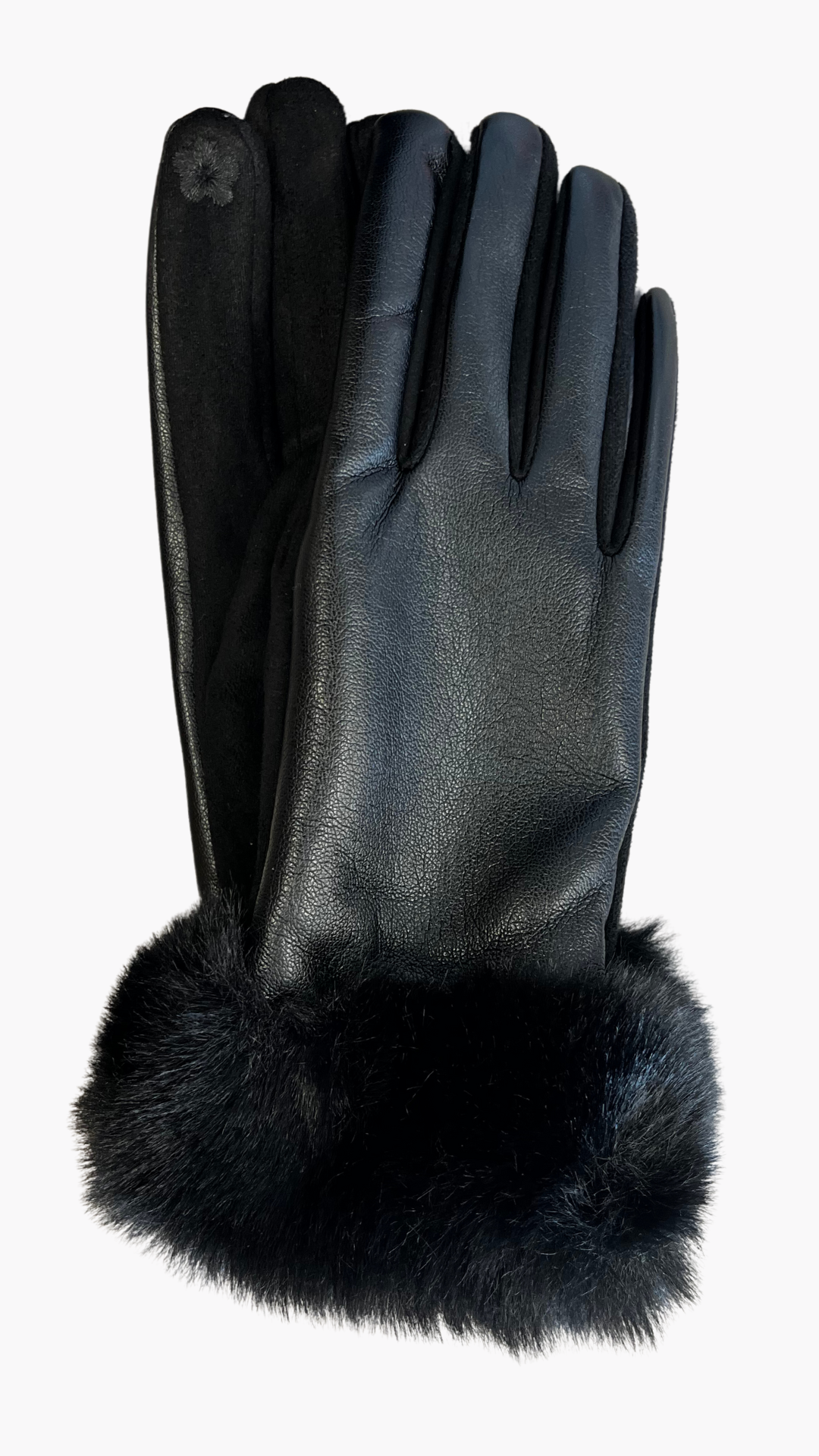 Vegan Leather Faux Fur Black Gloves. Style ELWMILA28-BLK