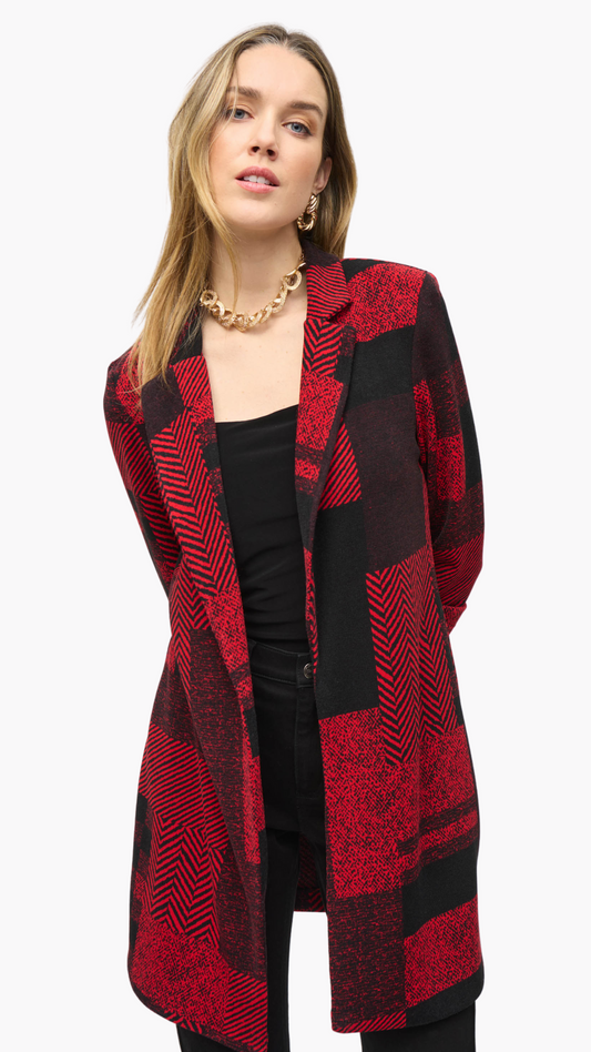 Patchwork Print Sweater Knit Long Blazer. Style JR243309