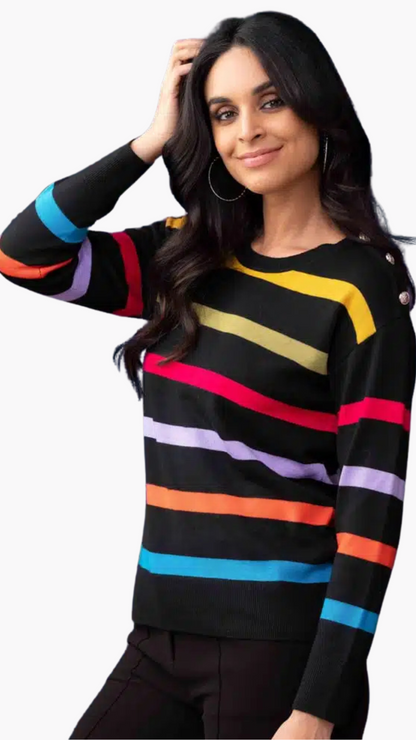 Button Shoulder Striped Knit Sweater. Style EW33068