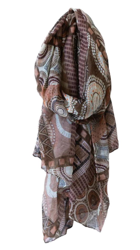 Brown Round Print Lightweight Scarf. Stle CARA6138-BRN