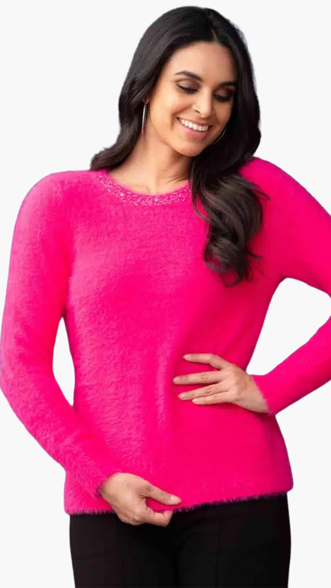 Beaded Neckline Fuzzy Knit Sweater. Syle EW33085