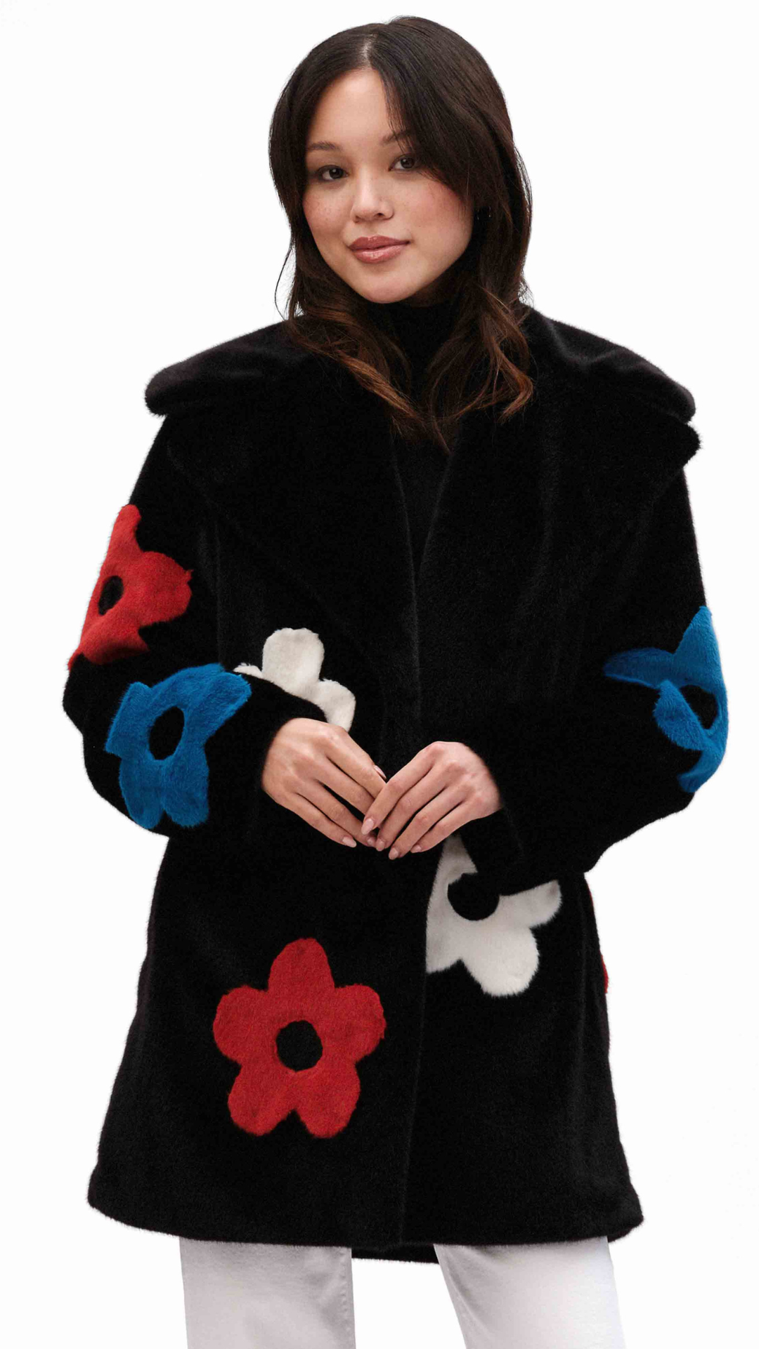 Fuzzy Faux Fur Flower Print Outerwear. Style FS233965