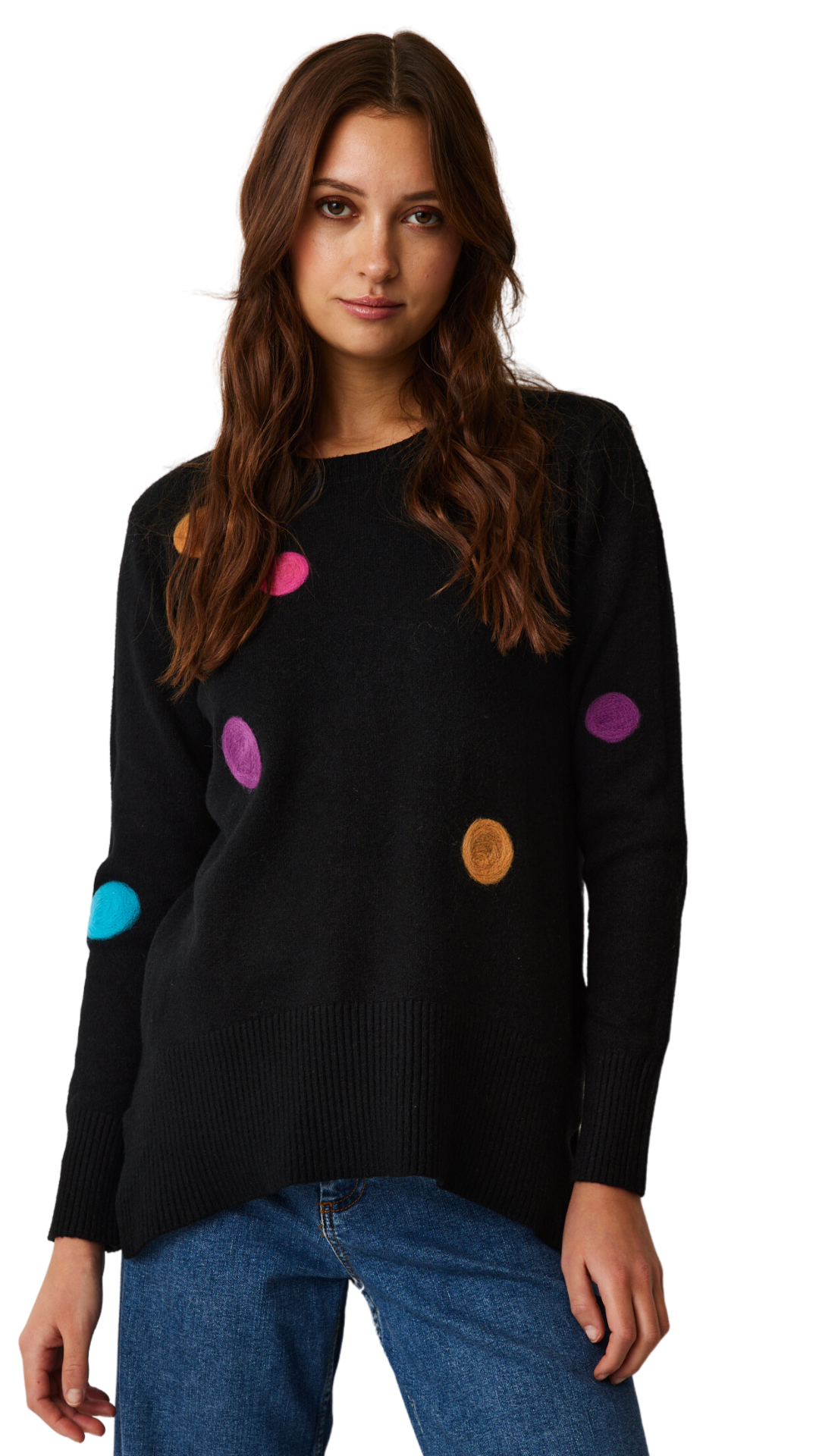 Dotty Dot High Low Sweater in Black or Jade. Style PH15682
