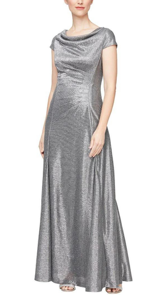 A-Line Cap Sleeve Metallic Knit Gown with Cowl Neck & Back Detail. Style ALE8127685