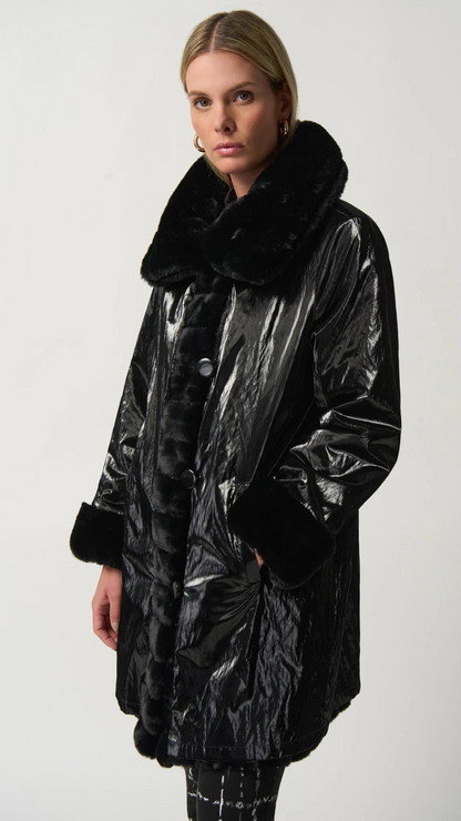 Faux Fur to Shiny Reversible Outerwear in Silver or Black. Style JR233900