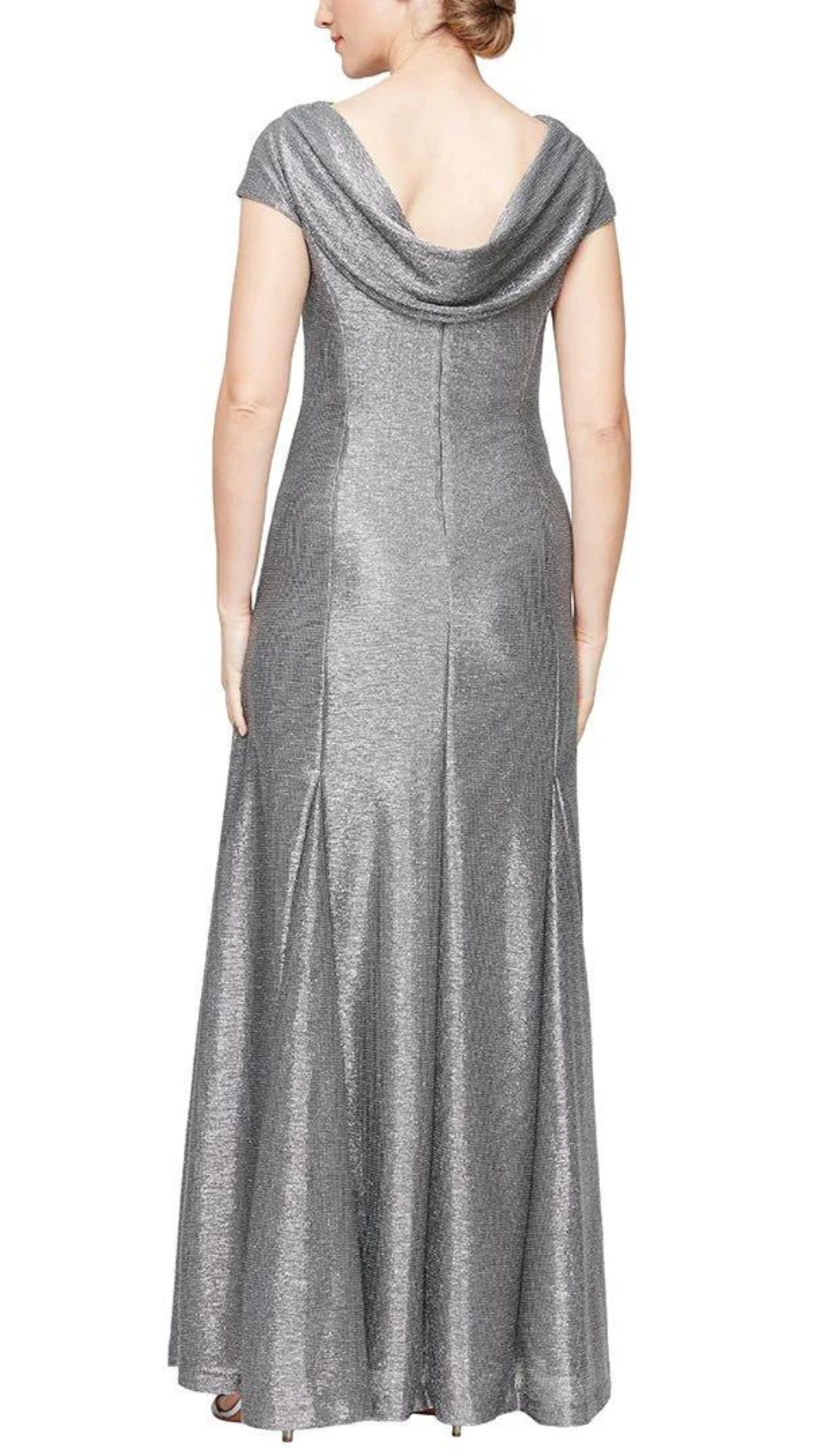 A-Line Cap Sleeve Metallic Knit Gown with Cowl Neck & Back Detail. Style ALE8127685