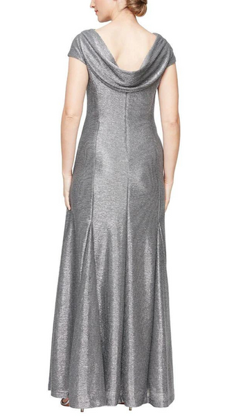 A-Line Cap Sleeve Metallic Knit Gown with Cowl Neck & Back Detail. Style ALE8127685