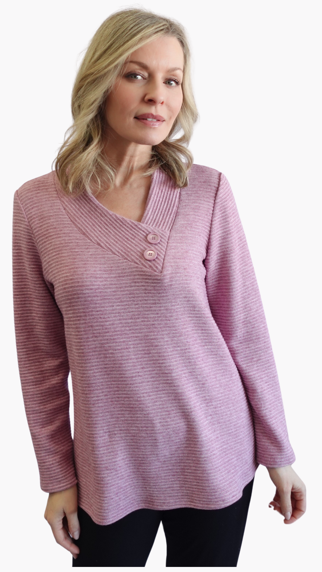 Soft Rib Knit Button Detail Top. Style SW102401