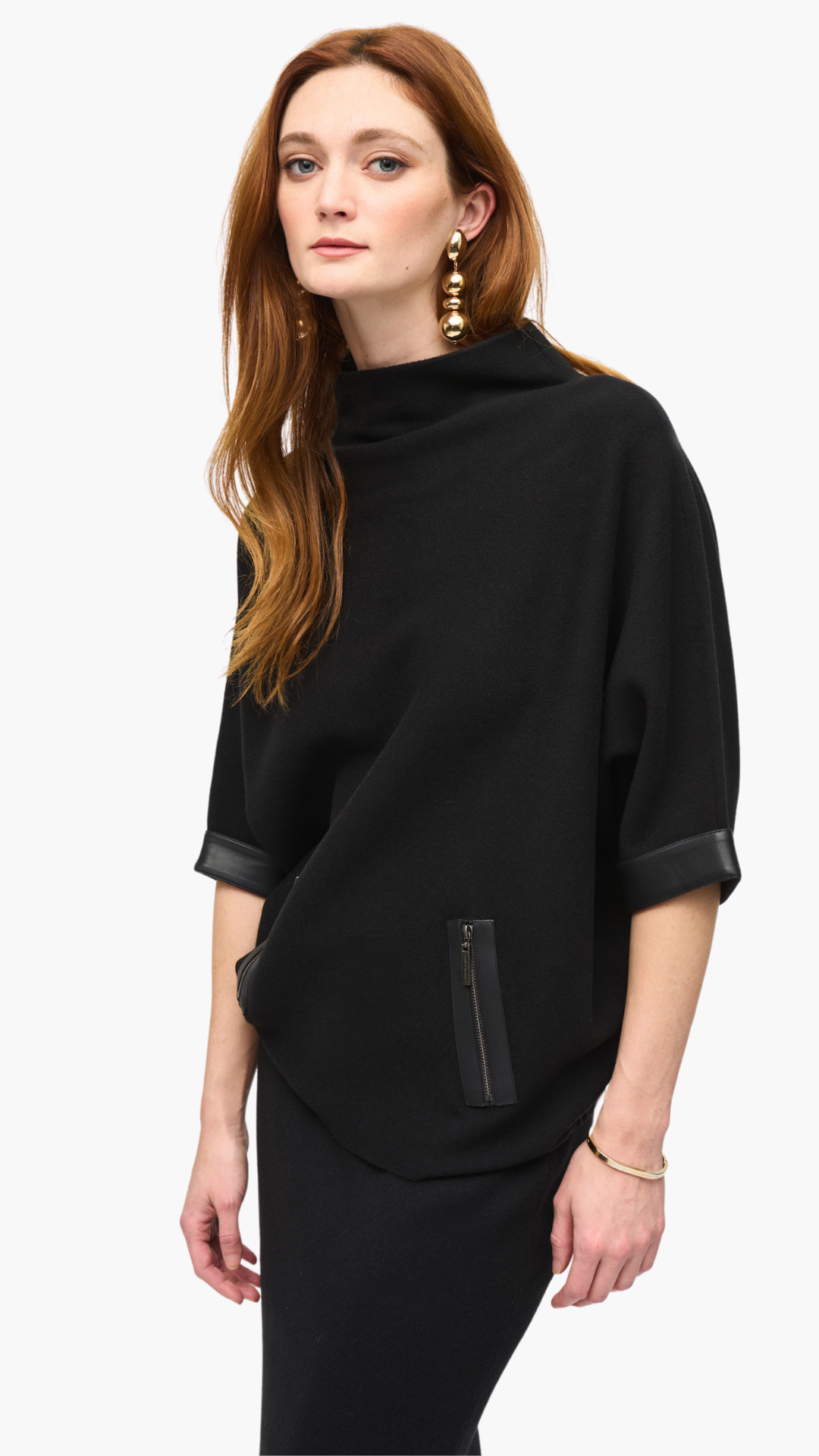 Funnel Neck Leatherette Trim Sweater. Style JR243966