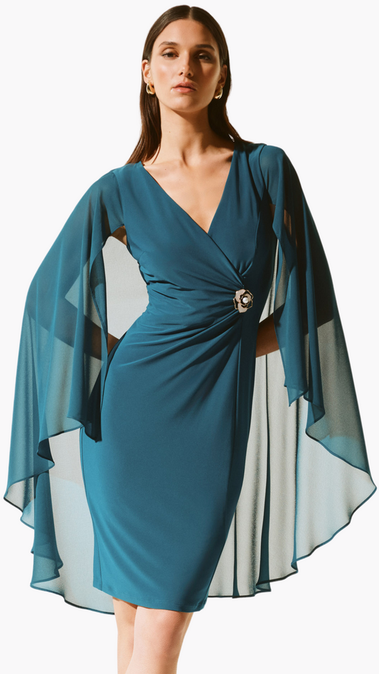 Silky Knit Sheath Dress with Chiffon Cape. Style JR243701