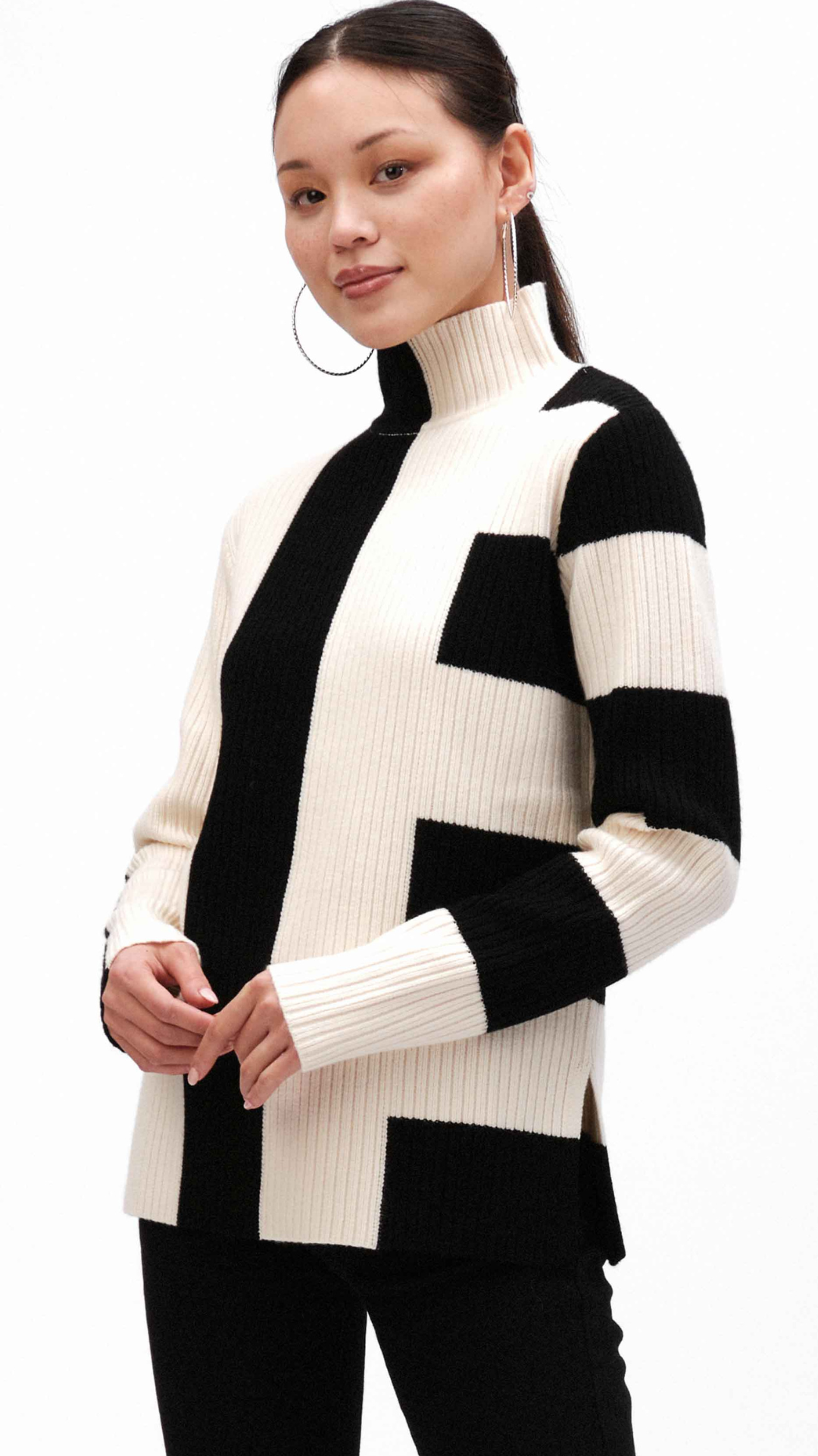 Rib Knit Black & White Turtle Neck Sweater. Style FUN243B85