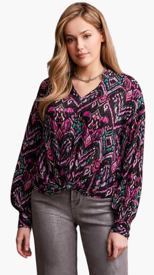 Printed Blouse with Faux Knot Front. Style TR5683O-5163