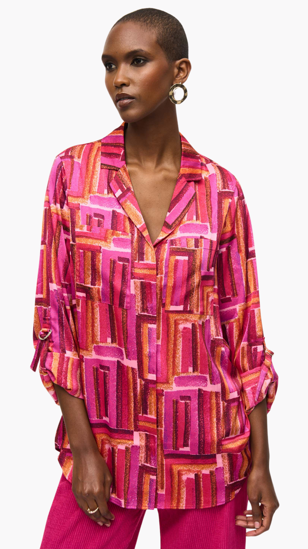 Satin Geometric Print Button Front Blouse. Style JR243939