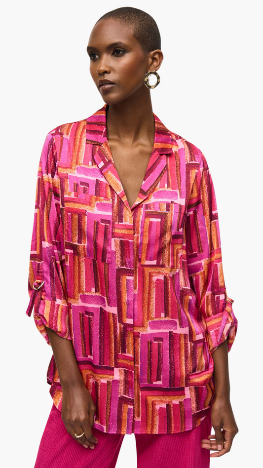 Satin Geometric Print Button Front Blouse. Style JR243939