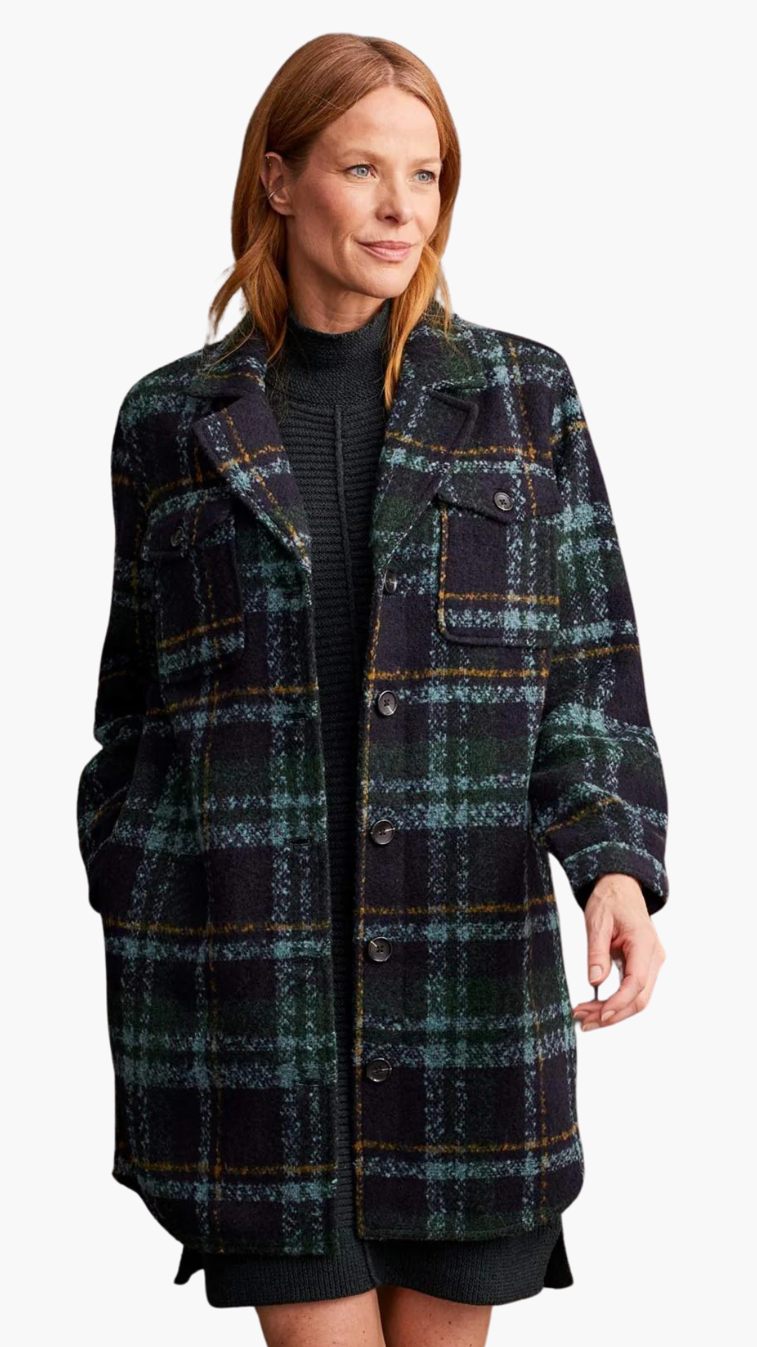 Boucle Plaid Shacket with Notch Collar. Style TR7183O-4830