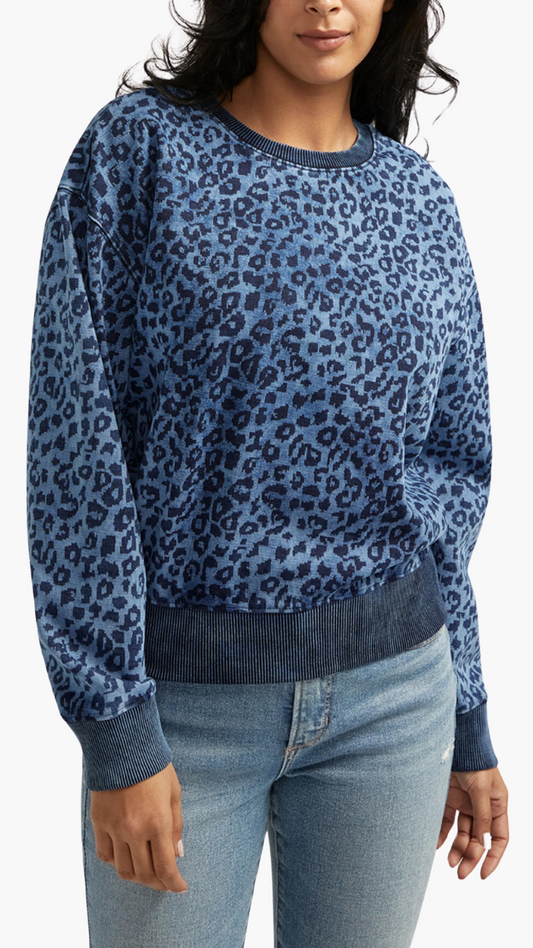 Elevated Indigo Leopard Print Crewneck. Style JAGT2335AFT690