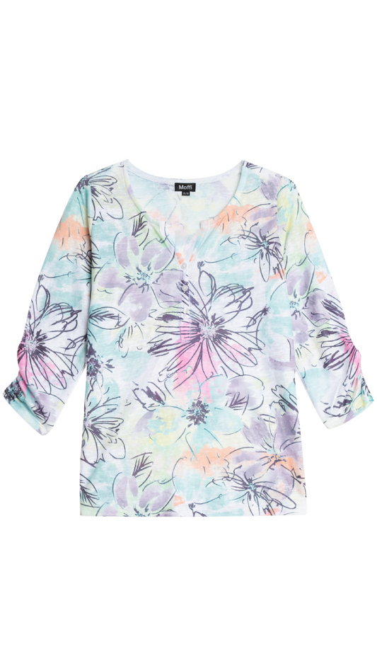 Pink, Yellow, Green & Purple Floral Henley Top. Style MIMX8947