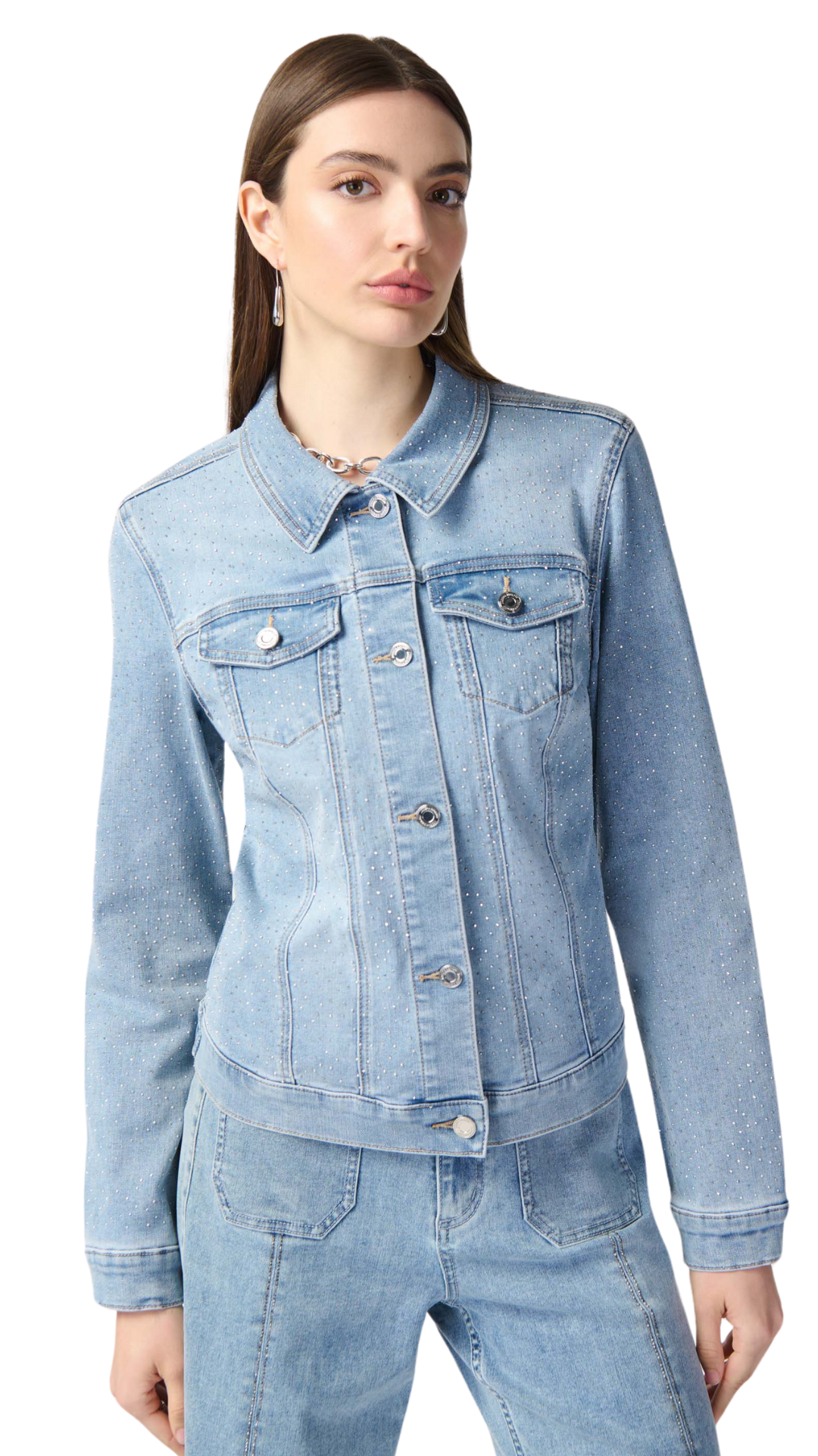 Fitted Denim Jacket With Allover Rhinestones. Style JR241914