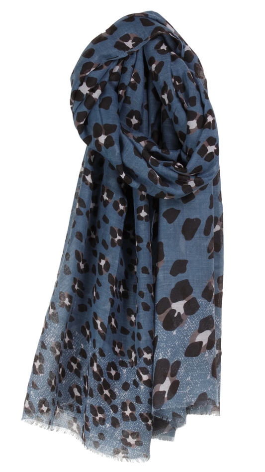 Leopard Print Lightweight Frayed Edge Scarf. Style CARA6168-BLU