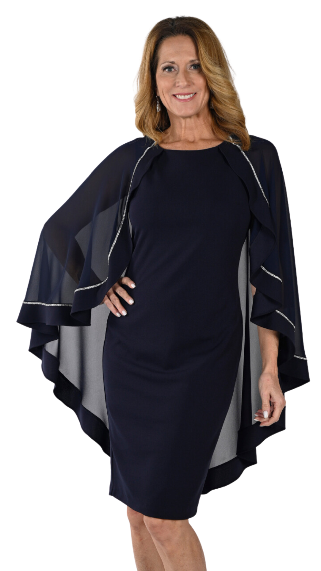 Sheer Back Cape Rhinestone Trim Dress. Style FL239150