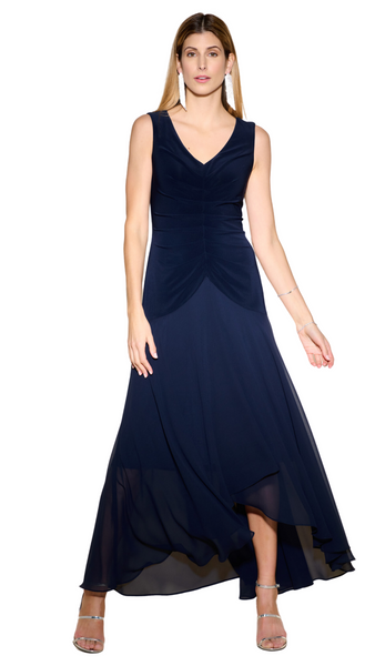 Pleated High Low Gown in Midnight Blue or Black. Style JR233721
