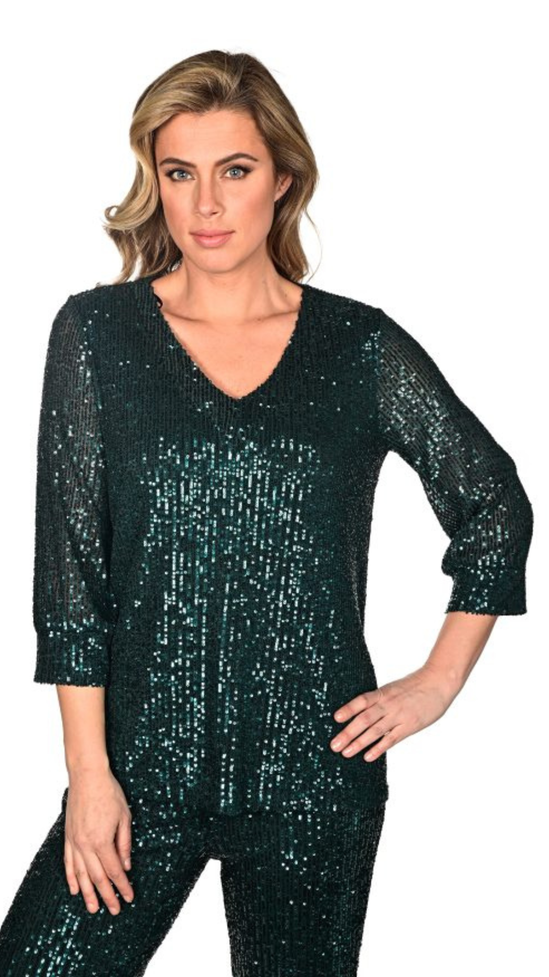 All Over Sequin V-Neck Top. Style FL234244