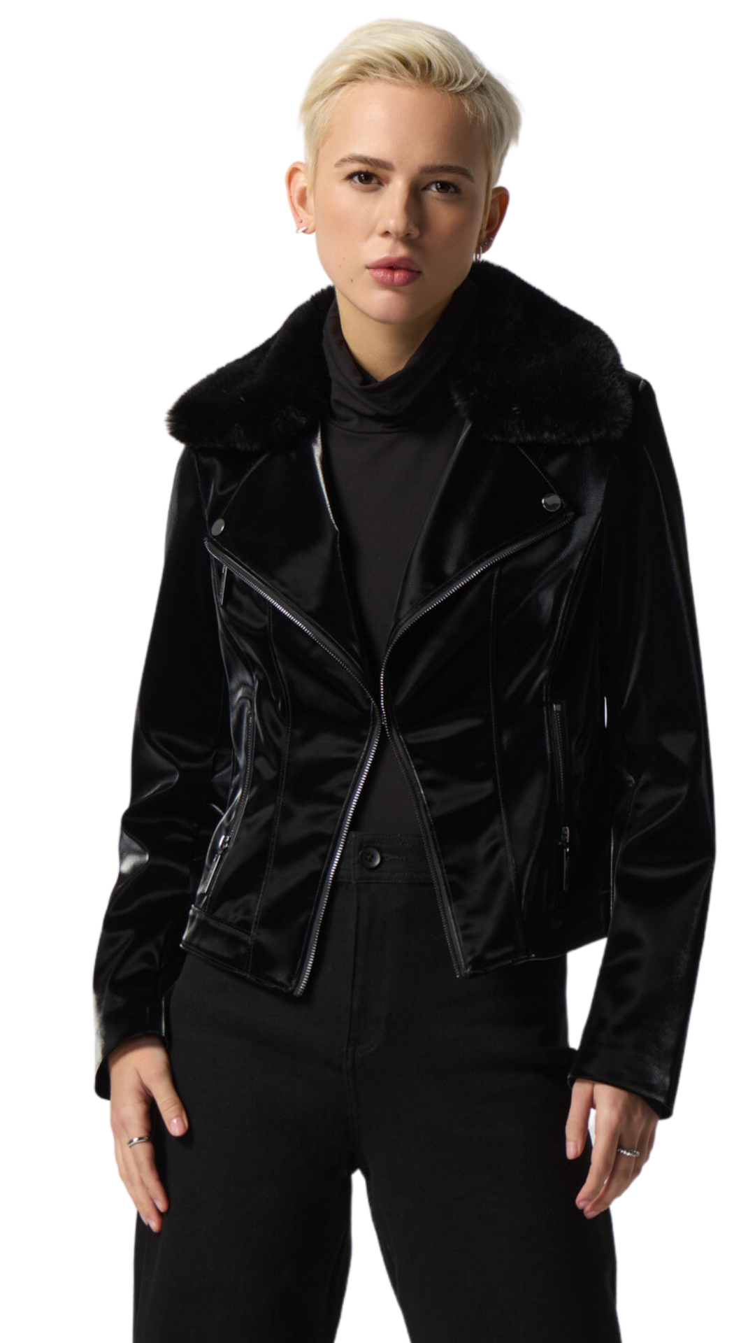 Vegan Leather Notch Collar Moto Jacket. Style JR233928