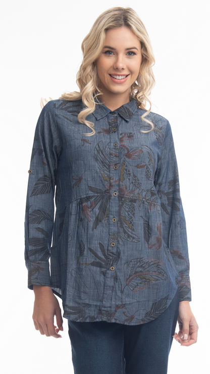 Printed Denim Button Front Top. Style ORI22962