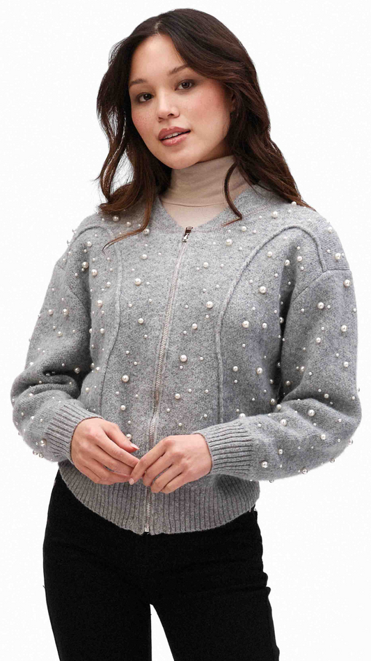 Zip Front Pearl Detail Sweater. Style FS243109