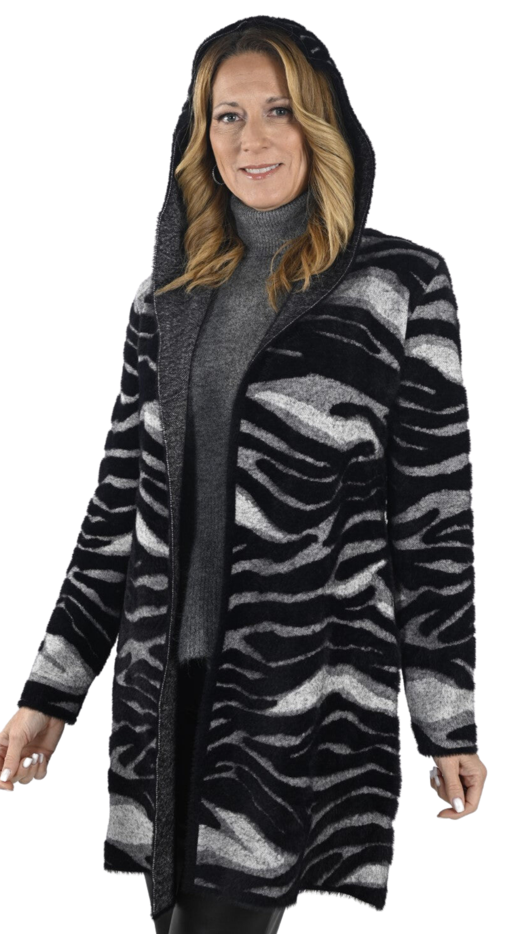 Zebra Print Hooded Fuzzy Cardigan. Style FL233841U