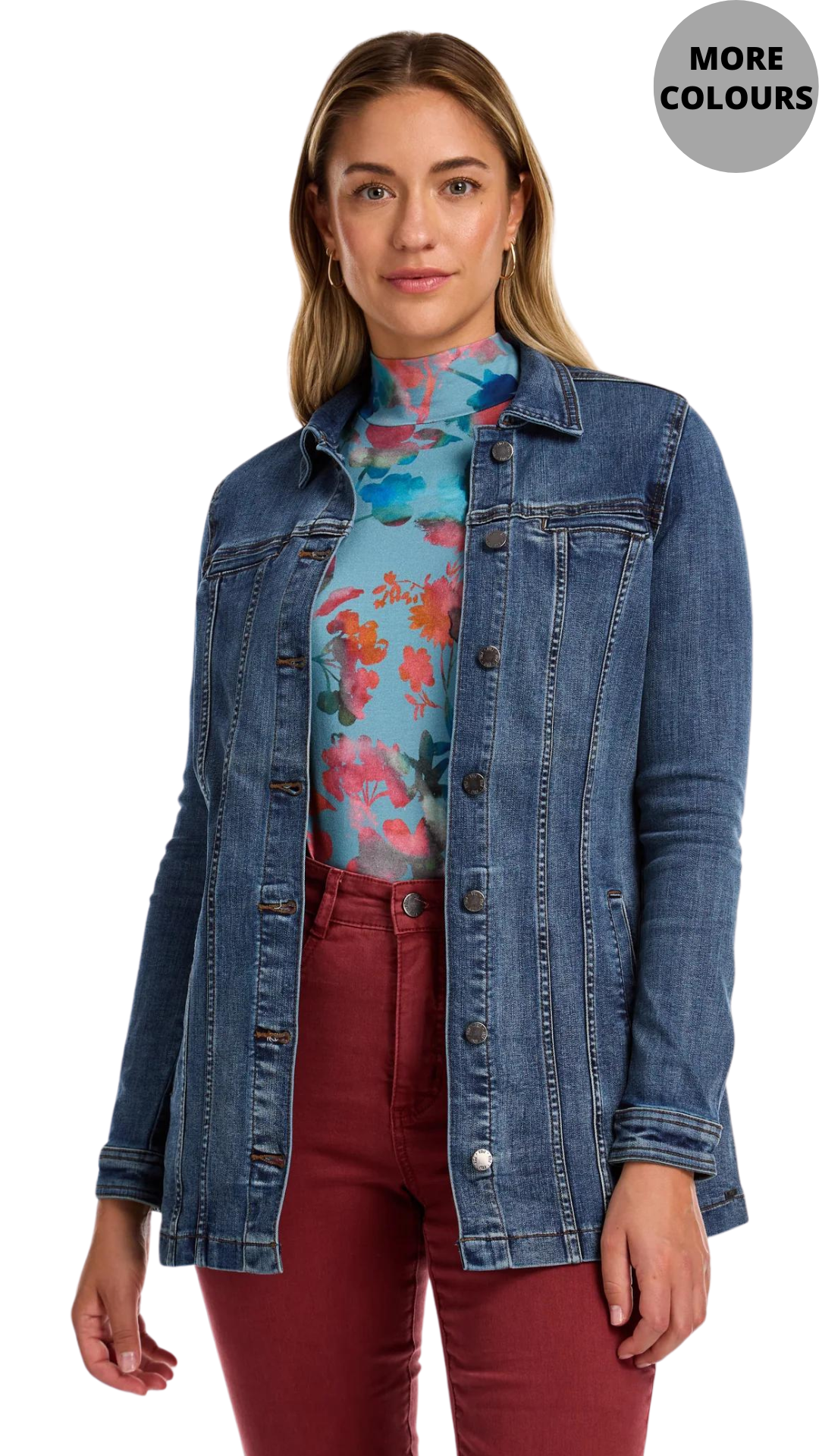 Long Stretch Denim Button Front Jacket. Style FD1825669