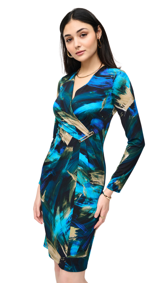 Silky Knit Abstract Print Wrap Dress. Style JR243072