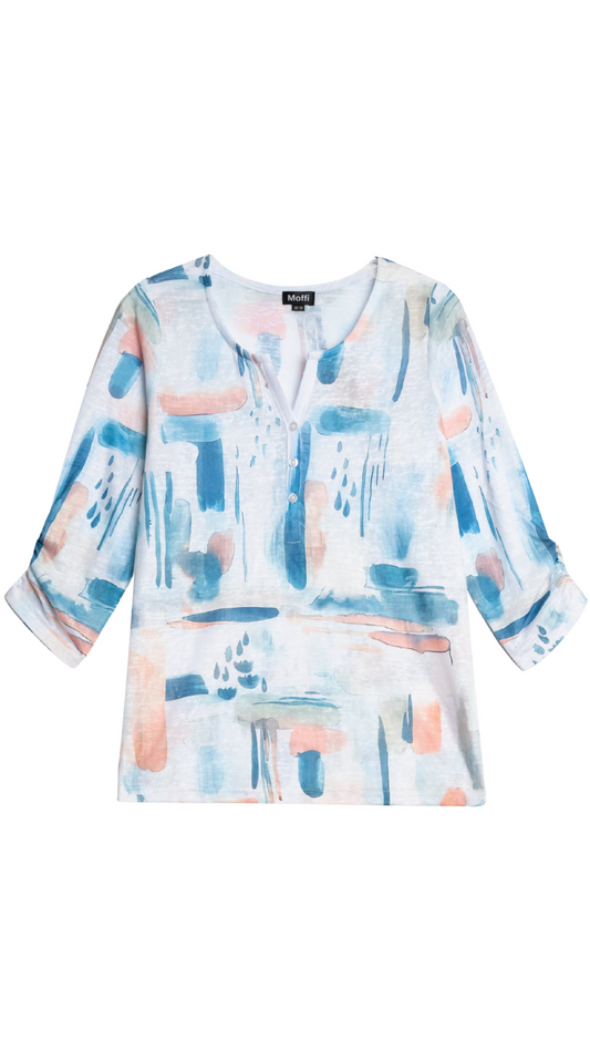 Orange & Blue Abstract Print Raglan Top. Style MIMX8934