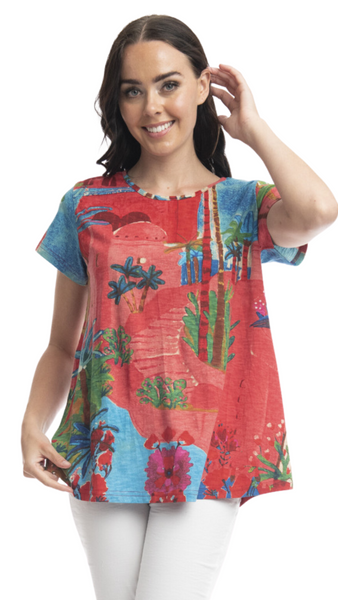 Morocco Red Print Crew Neck T-Shirt. Style ORI22871MR