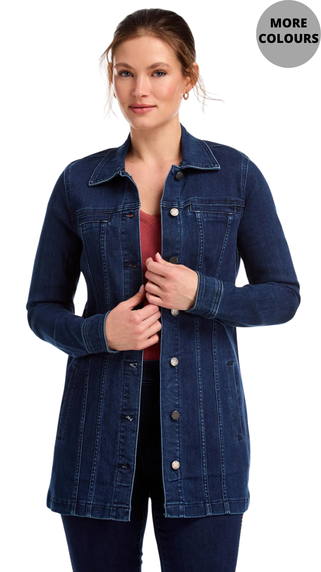 Long Stretch Denim Button Front Jacket. Style FD1825669