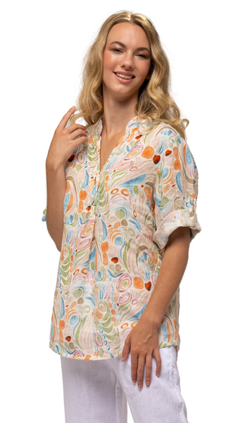 French Linen Printed Roll Sleeve Top. Style LLTP1294