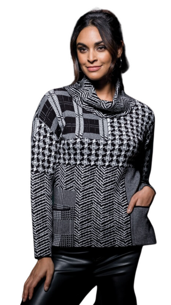 Cowl Neck Mix Print Knit Sweater. Style EW31152