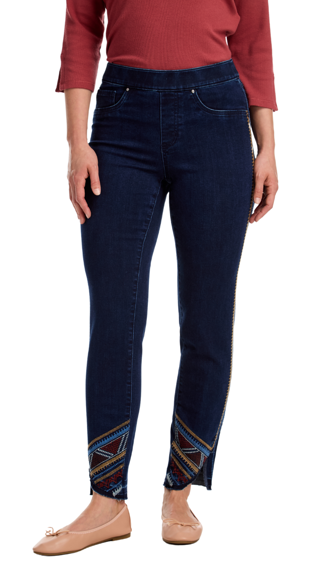 Embroidred Pull On Slim Ankle Jeans. Style FD2029669