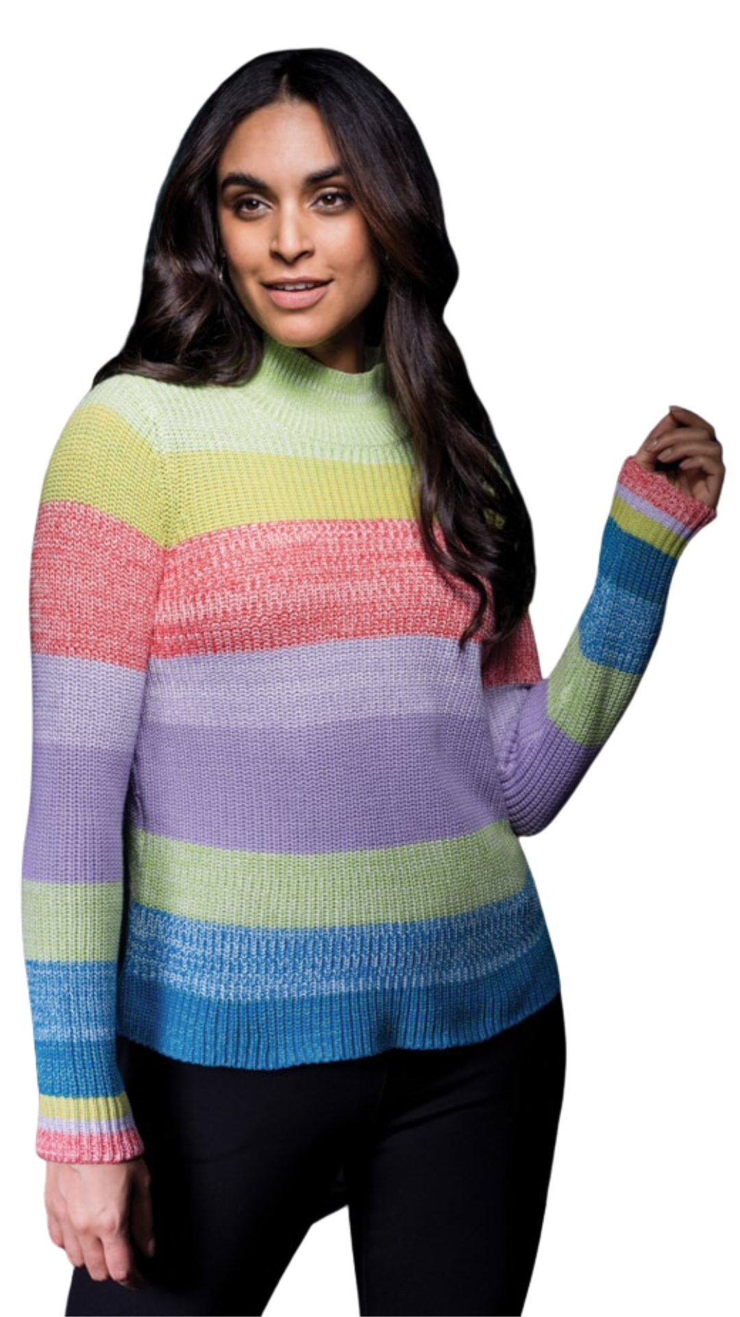 Mock Neck Rib Knit Striped Sweater. Style EW31105