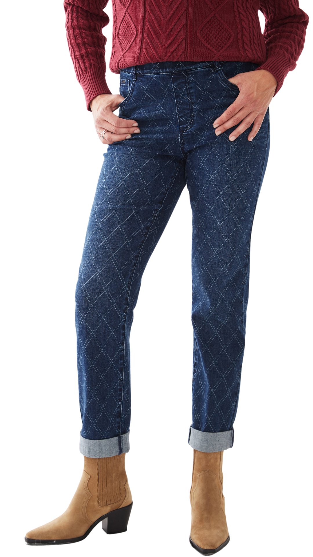 Diamond Print Pull On Folded Hem Jean. Style FD2138669