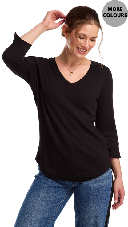 Ribbed Solid V-Neck Top. Style FD3140161